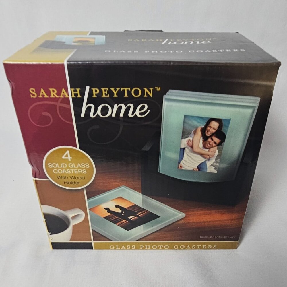 Coasters Set of 4 Beveled Glass Sarah Peyton Home Wood Holder Pictures NIB T1